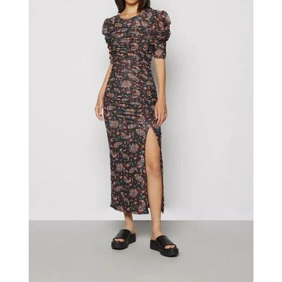 Free People Womens Briella Dress S Black Floral Thigh-Slit Fitted Ruch OB1557874 - Picture 1 of 11